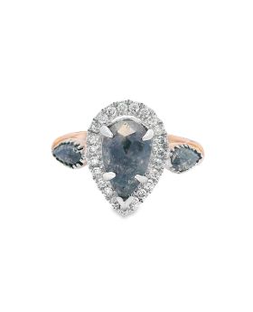 Three Stone Pear Halo Ring Rose