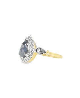 Three Stone Pear Halo Ring Yellow