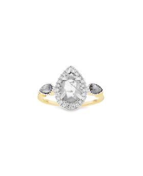 Three Stone Pear Halo Ring Yellow
